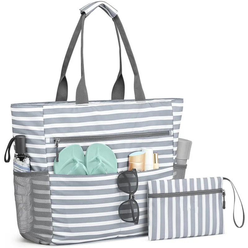 Foldable Beach Bag Large Capacity Waterproof Sand-proof Tote Bag with Mini Pouch for Travel - Grey