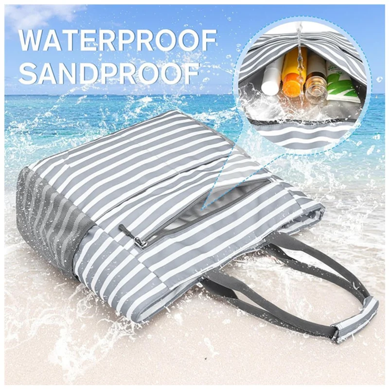 Foldable Beach Bag Large Capacity Waterproof Sand-proof Tote Bag with Mini Pouch for Travel - Grey