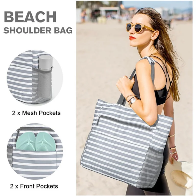 Foldable Beach Bag Large Capacity Waterproof Sand-proof Tote Bag with Mini Pouch for Travel - Grey