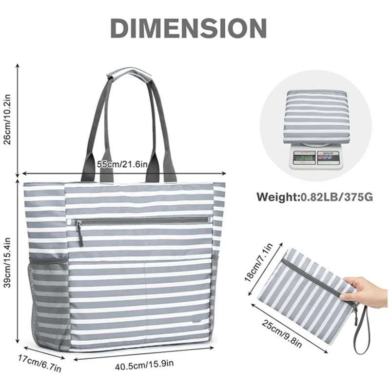Foldable Beach Bag Large Capacity Waterproof Sand-proof Tote Bag with Mini Pouch for Travel - Grey