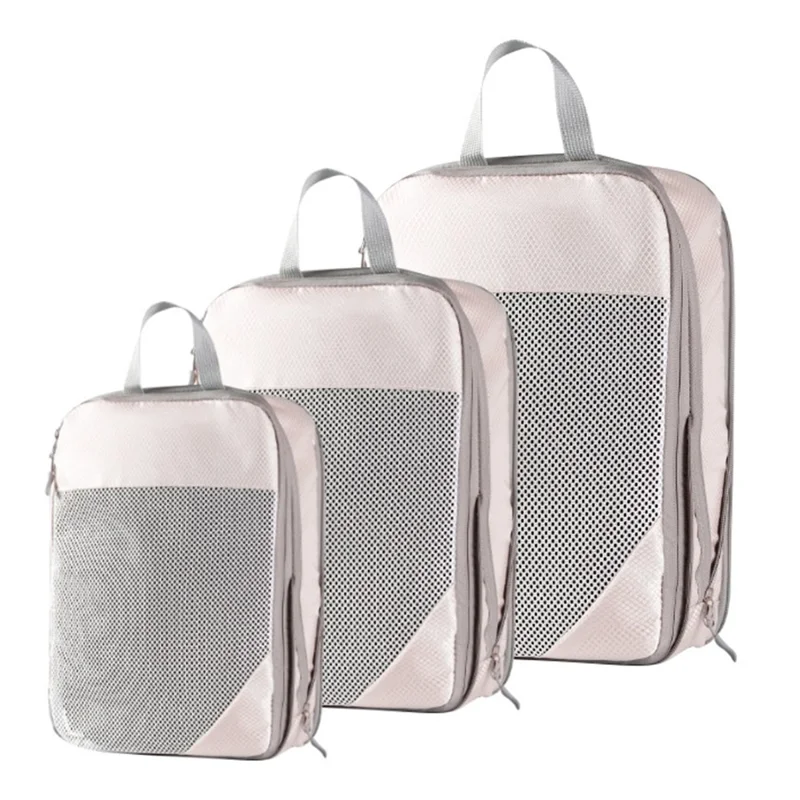 3Pcs Travel Packing Cubes Set with Compression Mesh Panel Hand Press Compression Storage Bag Set for Luggage Organization - Beige