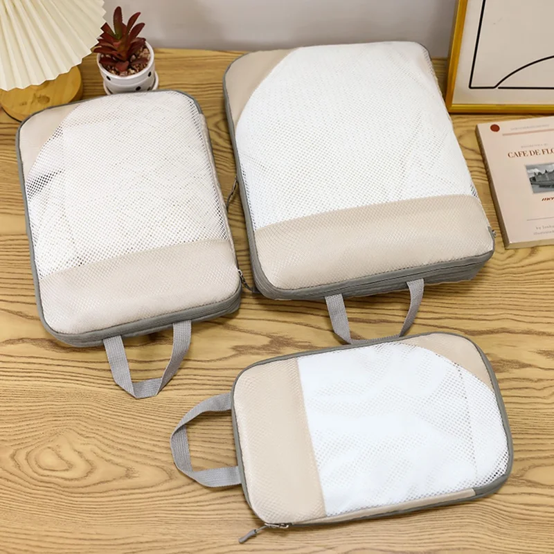 3Pcs Travel Packing Cubes Set with Compression Mesh Panel Hand Press Compression Storage Bag Set for Luggage Organization - Beige