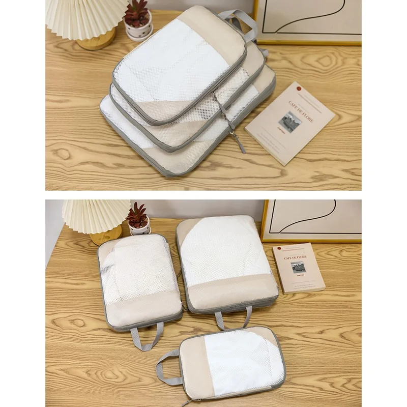 3Pcs Travel Packing Cubes Set with Compression Mesh Panel Hand Press Compression Storage Bag Set for Luggage Organization - Beige