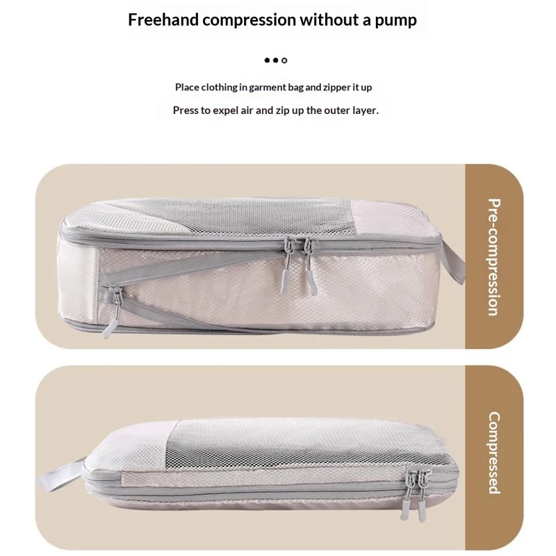 3Pcs Travel Packing Cubes Set with Compression Mesh Panel Hand Press Compression Storage Bag Set for Luggage Organization - Beige