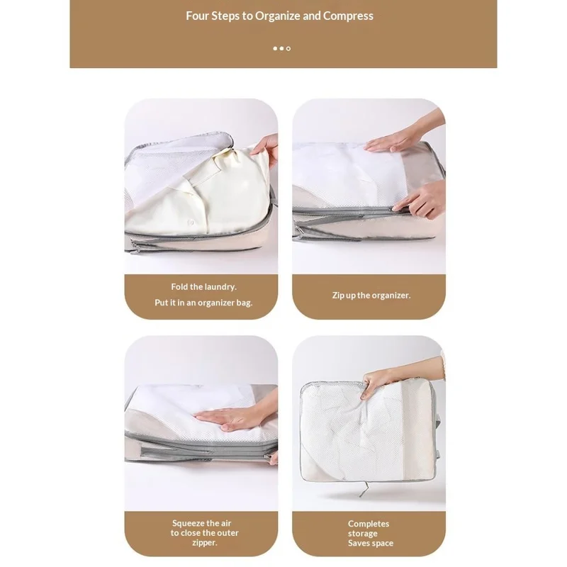 3Pcs Travel Packing Cubes Set with Compression Mesh Panel Hand Press Compression Storage Bag Set for Luggage Organization - Beige