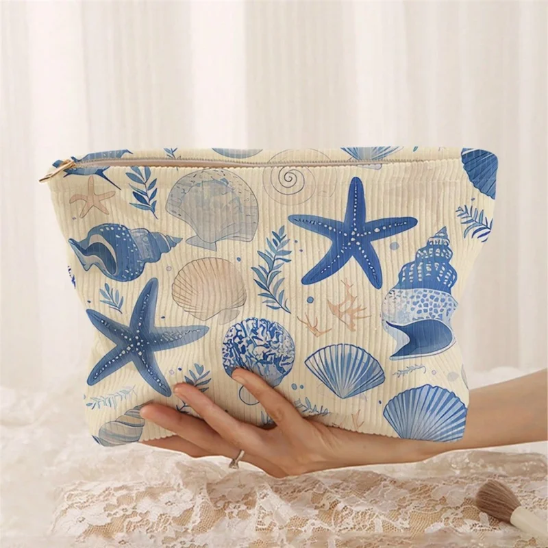 26x18cm Marine Life Print Corduroy Makeup Bag Zipper Cosmetic Pouch Ocean Pattern Organizer