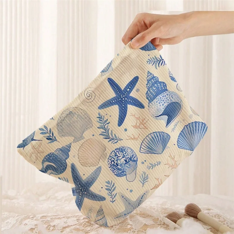 26x18cm Marine Life Print Corduroy Makeup Bag Zipper Cosmetic Pouch Ocean Pattern Organizer