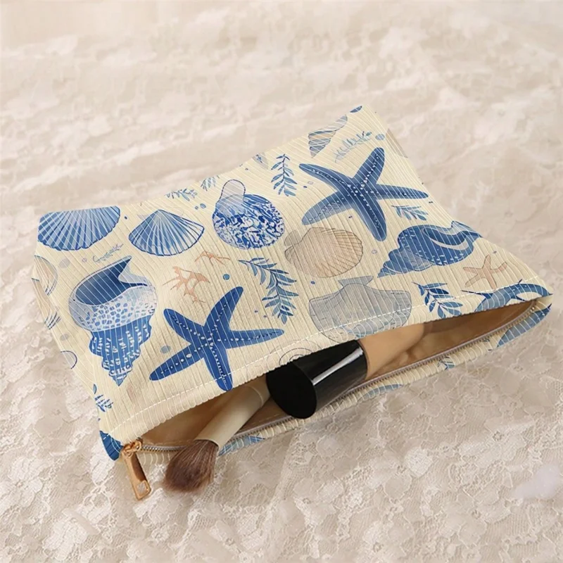 26x18cm Marine Life Print Corduroy Makeup Bag Zipper Cosmetic Pouch Ocean Pattern Organizer