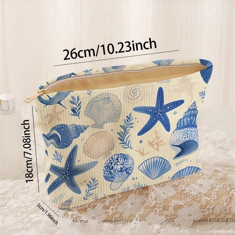 26x18cm Marine Life Print Corduroy Makeup Bag Zipper Cosmetic Pouch Ocean Pattern Organizer