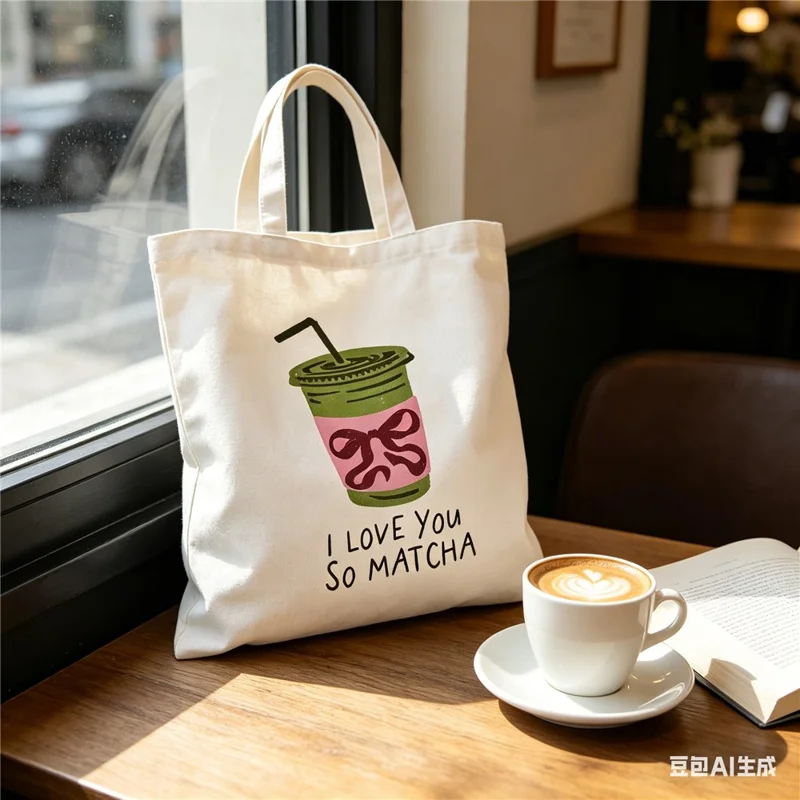 Bolsa de mano de lona de 35x40 cm con estampado de letras I LOVE YOU SO MATCHA, bolsa reutilizable para hombro para estudiantes, escuela, desplazamientos y trabajo
