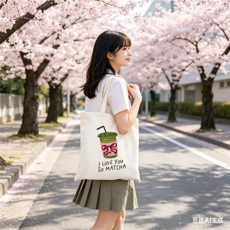 Bolsa de mano de lona de 35x40 cm con estampado de letras I LOVE YOU SO MATCHA, bolsa reutilizable para hombro para estudiantes, escuela, desplazamientos y trabajo
