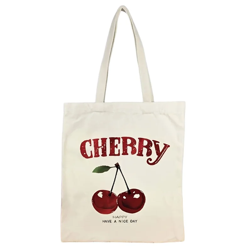35x39cm Letter Cherry Print Canvas Tote Bag Large Capacity Reusable Shoulder Bag for Shopping Daily