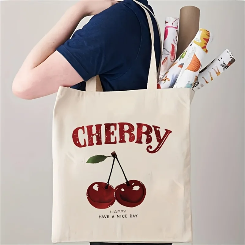 35x39cm Letter Cherry Print Canvas Tote Bag Large Capacity Reusable Shoulder Bag for Shopping Daily