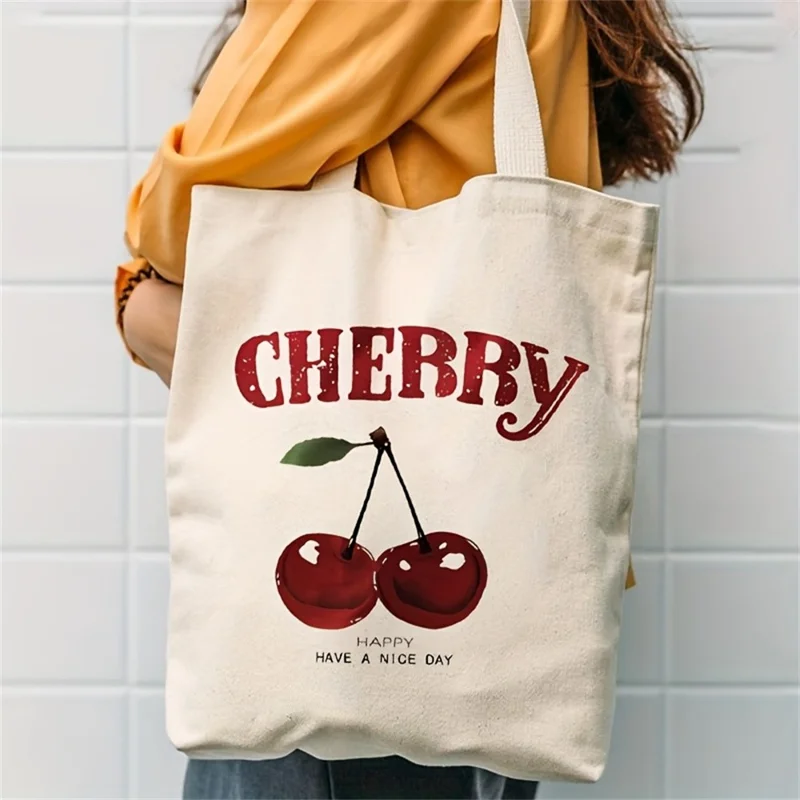 35x39cm Letter Cherry Print Canvas Tote Bag Large Capacity Reusable Shoulder Bag for Shopping Daily