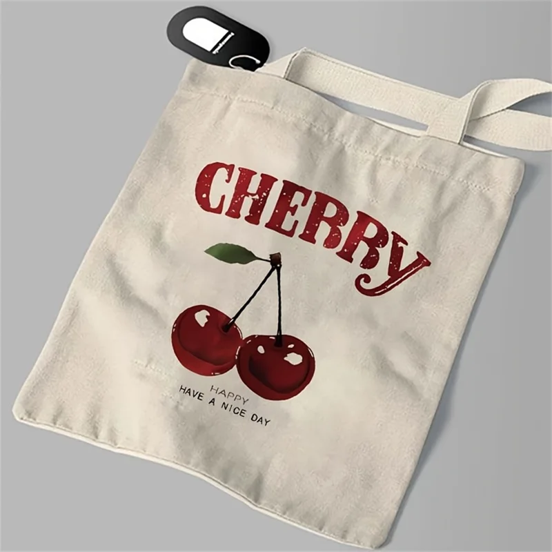 35x39cm Letter Cherry Print Canvas Tote Bag Large Capacity Reusable Shoulder Bag for Shopping Daily