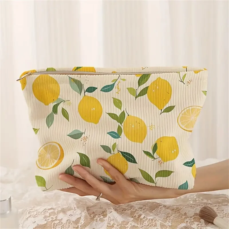 Summer Lemon Print Corduroy Makeup Bag Zipper Cosmetic Pouch Storage Organizer