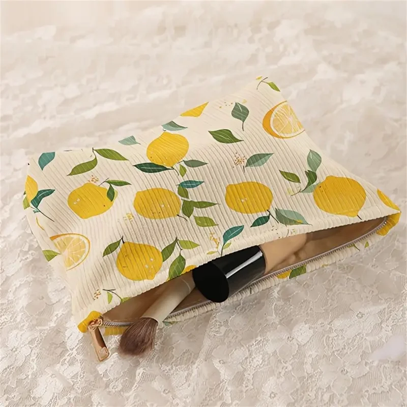 Summer Lemon Print Corduroy Makeup Bag Zipper Cosmetic Pouch Storage Organizer