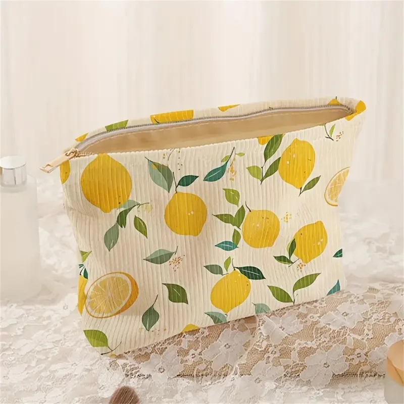 Summer Lemon Print Corduroy Makeup Bag Zipper Cosmetic Pouch Storage Organizer