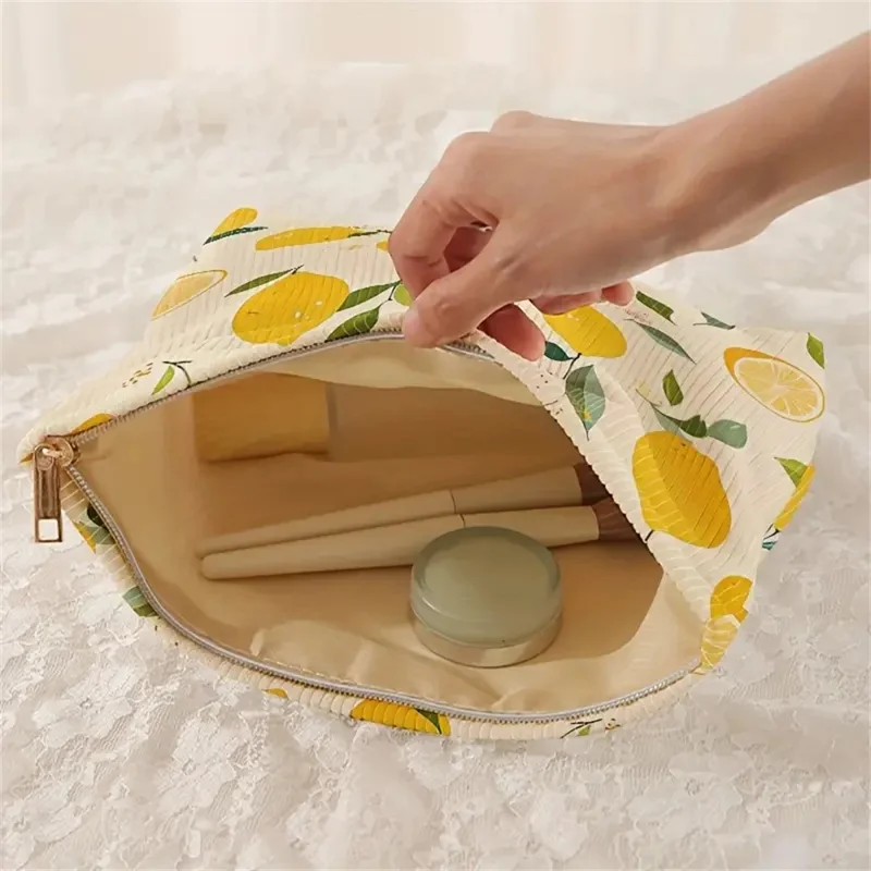 Summer Lemon Print Corduroy Makeup Bag Zipper Cosmetic Pouch Storage Organizer