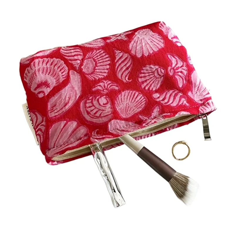 19x12cm kleine Kosmetiktasche rot mit Muschel- und Seestern-Print, Kosmetikbeutel, Reise- und Toilettenartikel-Organizer