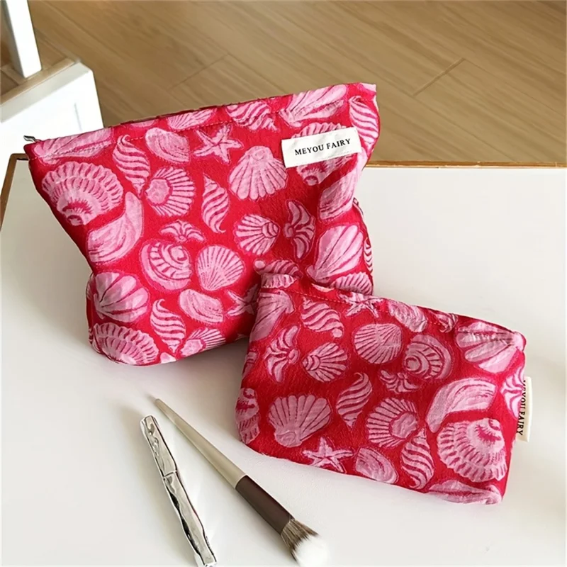 19x12cm kleine Kosmetiktasche rot mit Muschel- und Seestern-Print, Kosmetikbeutel, Reise- und Toilettenartikel-Organizer