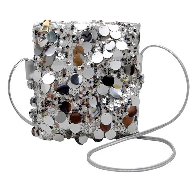 Mini Sequin Phone Crossbody Bag Glitter Party Purse Sparkle Shoulder Bag with Chain Strap - Silver
