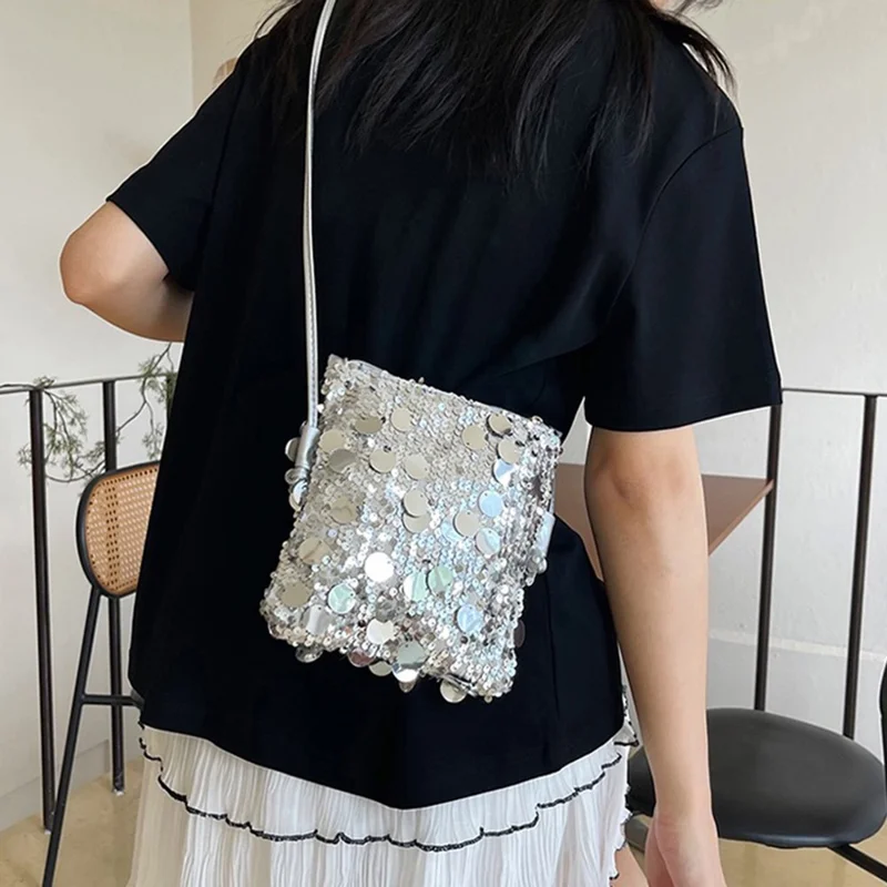 Mini Sequin Phone Crossbody Bag Glitter Party Purse Sparkle Shoulder Bag with Chain Strap - Silver
