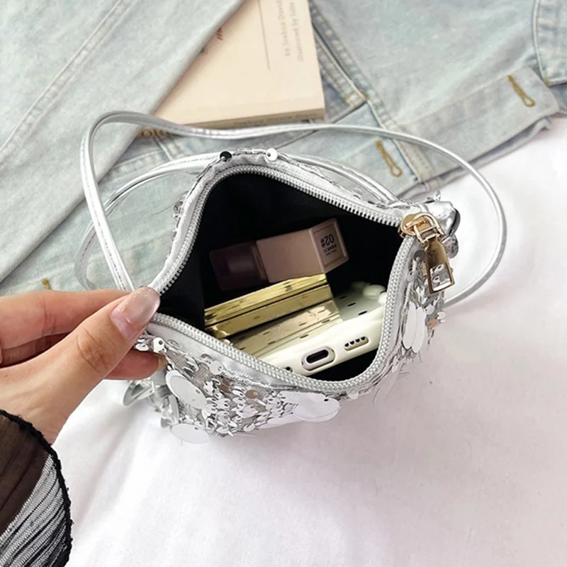 Mini Sequin Phone Crossbody Bag Glitter Party Purse Sparkle Shoulder Bag with Chain Strap - Silver