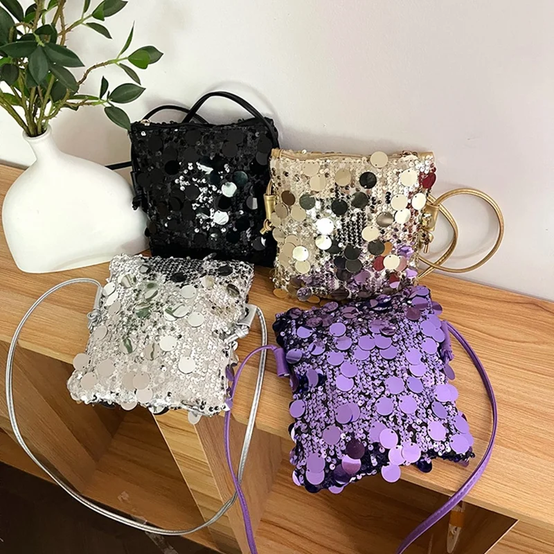Mini Sequin Phone Crossbody Bag Glitter Party Purse Sparkle Shoulder Bag with Chain Strap - Silver