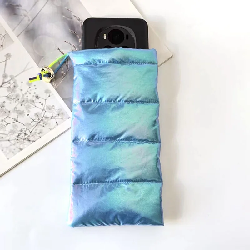 Down Cotton Pouch Eyewear Case Phone Storage Bag Quilted Design Waterproof Drawstring Bag for Sunglasses Mobile Phone - Blue