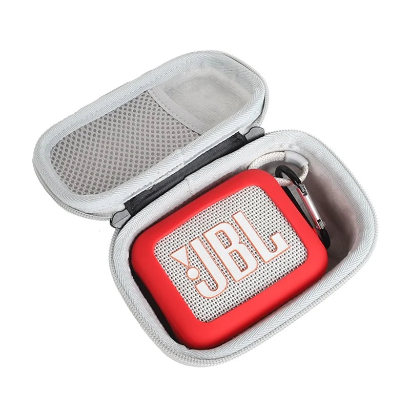 Pour JBL Go 4 Housse de Transport Ensemble Sac de Rangement Rigide en EVA avec Manchon en Silicone et Agrafe - Intérieur Gris / Rouge