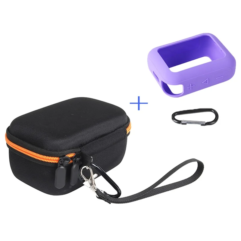For JBL Go 4 Carrying Case Set Hard EVA Shell Storage Bag with Silicone Sleeve and Carabiner - Orange Interior / Purple