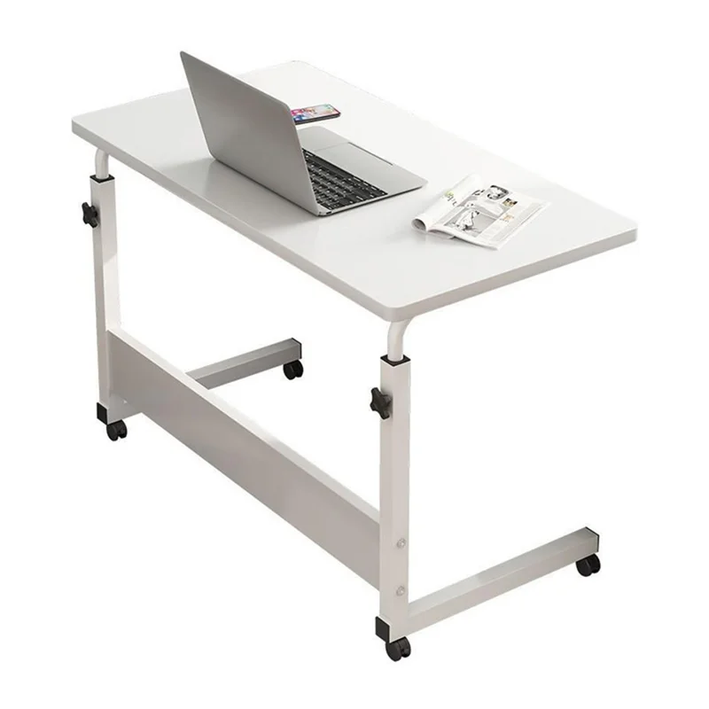 80x40cm Mobile Bedside Table with Wheels 70-90cm Height Adjustable Rolling Side Table for Laptop - Warm White