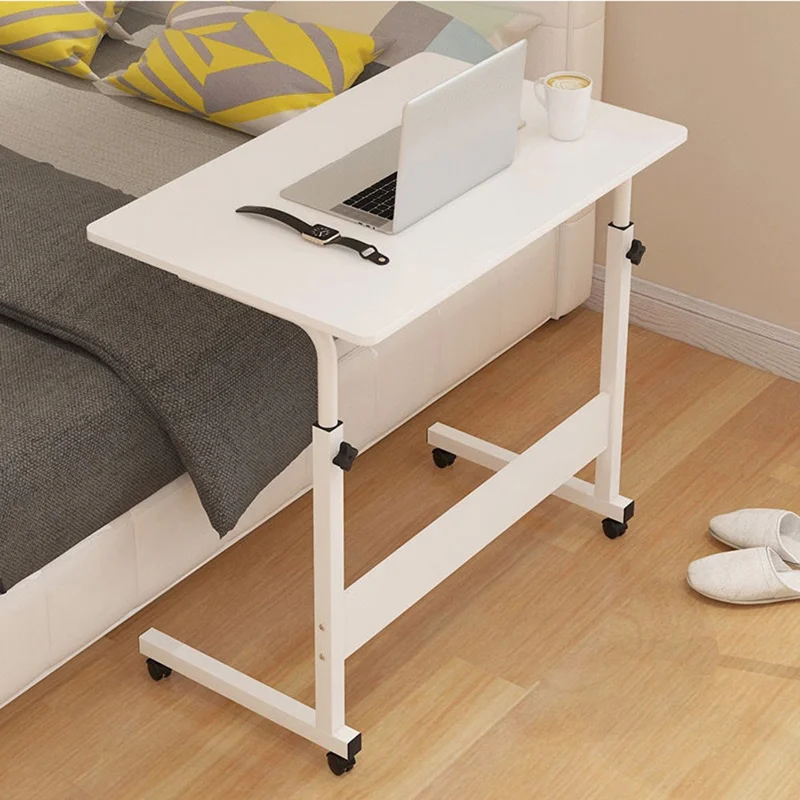 80x40cm Mobile Bedside Table with Wheels 70-90cm Height Adjustable Rolling Side Table for Laptop - Warm White