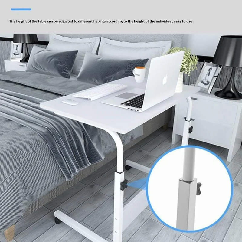 80x40cm Mobile Bedside Table with Wheels 70-90cm Height Adjustable Rolling Side Table for Laptop - Warm White