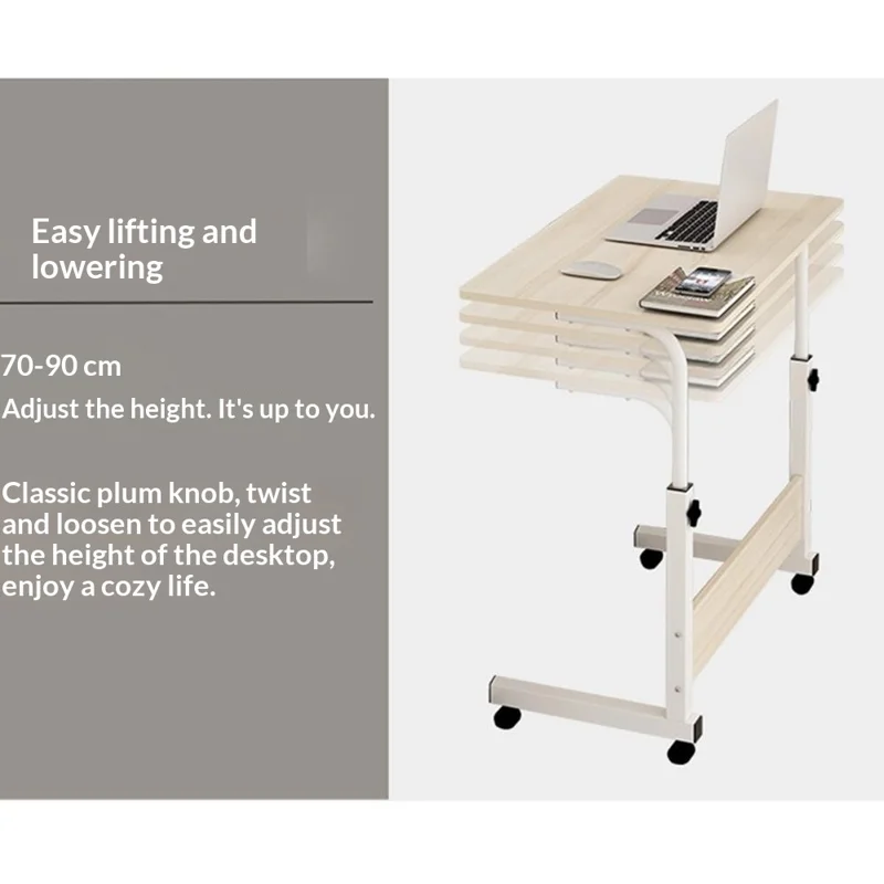 80x40cm Mobile Bedside Table with Wheels 70-90cm Height Adjustable Rolling Side Table for Laptop - Warm White