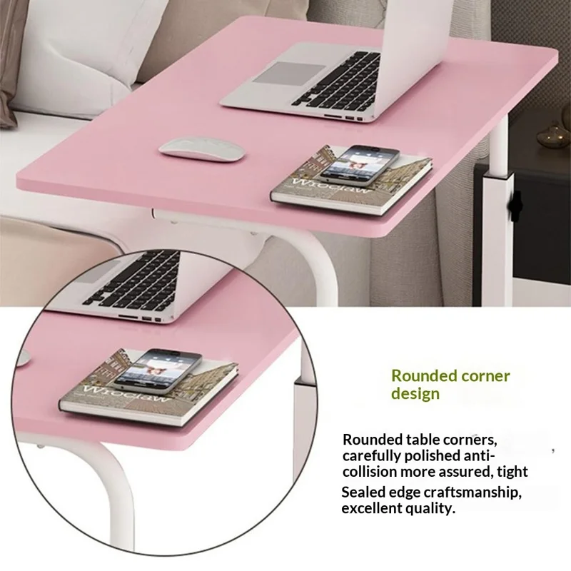 80x40cm Mobile Bedside Table with Wheels 70-90cm Height Adjustable Rolling Side Table for Laptop - Warm White
