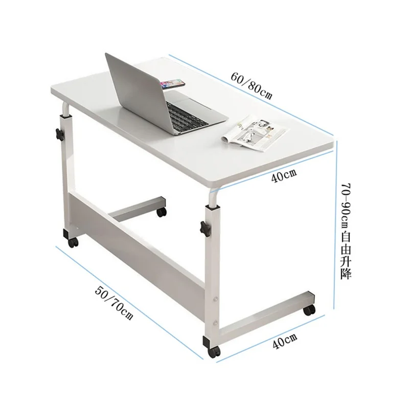 80x40cm Mobile Bedside Table with Wheels 70-90cm Height Adjustable Rolling Side Table for Laptop - Warm White
