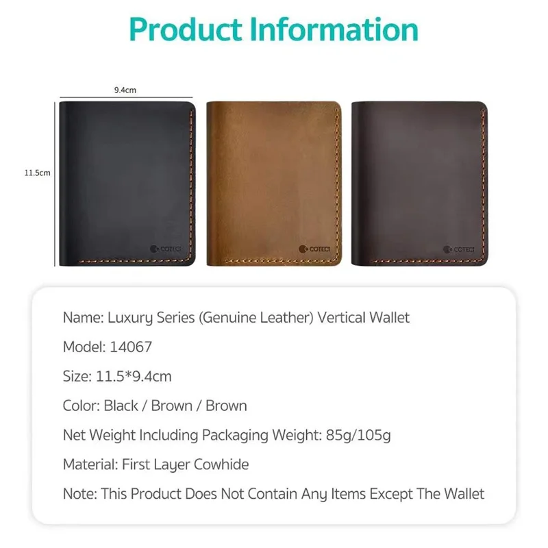 COTECI 14067 Genuine Cow Leather Vertical Wallet Card Holder Small Purse, 11.5x9.4cm - Brown