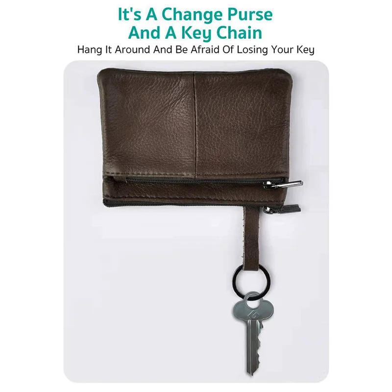 COTECi OT-001 Mini Wallet Genuine Cow Leather Coin Purse with Key Ring Double Zipper - Dark Brown