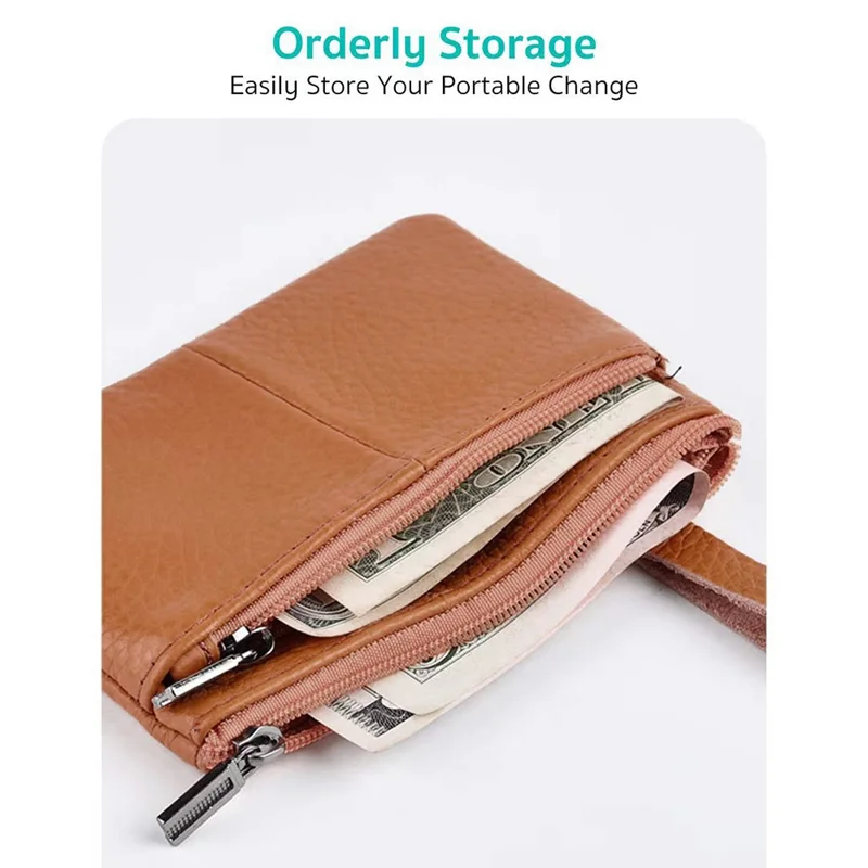 COTECi OT-001 Mini Wallet Genuine Cow Leather Coin Purse with Key Ring Double Zipper - Dark Brown