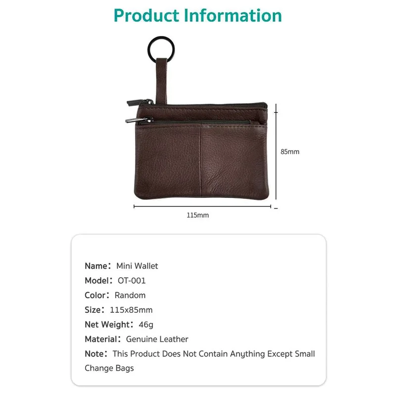 COTECi OT-001 Mini Wallet Genuine Cow Leather Coin Purse with Key Ring Double Zipper - Dark Brown