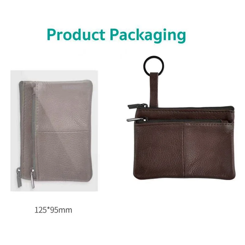 COTECi OT-001 Mini Wallet Genuine Cow Leather Coin Purse with Key Ring Double Zipper - Dark Brown