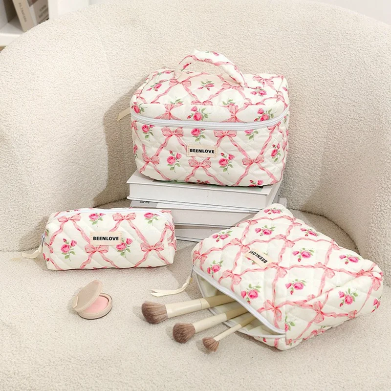 3Pcs Quilted Cosmetic Bag Set Makeup Organizer Travel Toiletry Pouch Set - Pink  /  Bow Flower