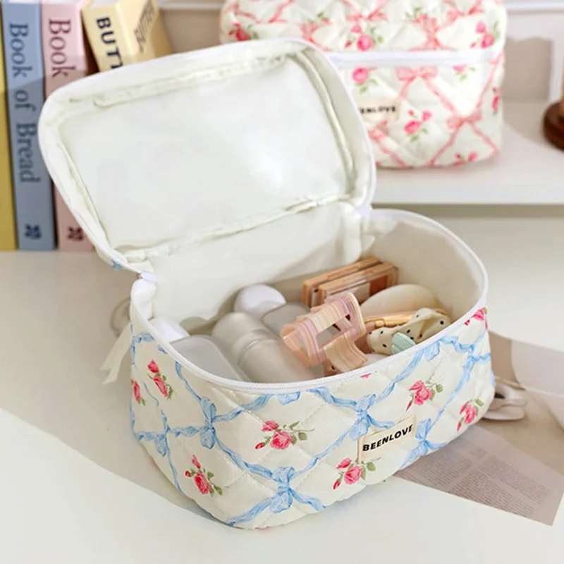 3Pcs Quilted Cosmetic Bag Set Makeup Organizer Travel Toiletry Pouch Set - Pink  /  Bow Flower