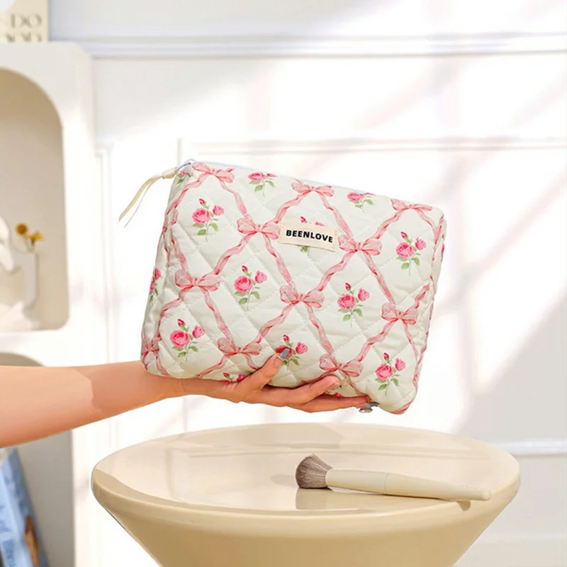 3Pcs Quilted Cosmetic Bag Set Makeup Organizer Travel Toiletry Pouch Set - Pink  /  Bow Flower