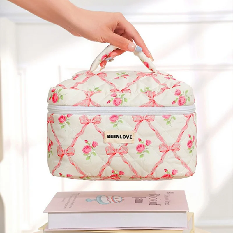 3Pcs Quilted Cosmetic Bag Set Makeup Organizer Travel Toiletry Pouch Set - Pink  /  Bow Flower