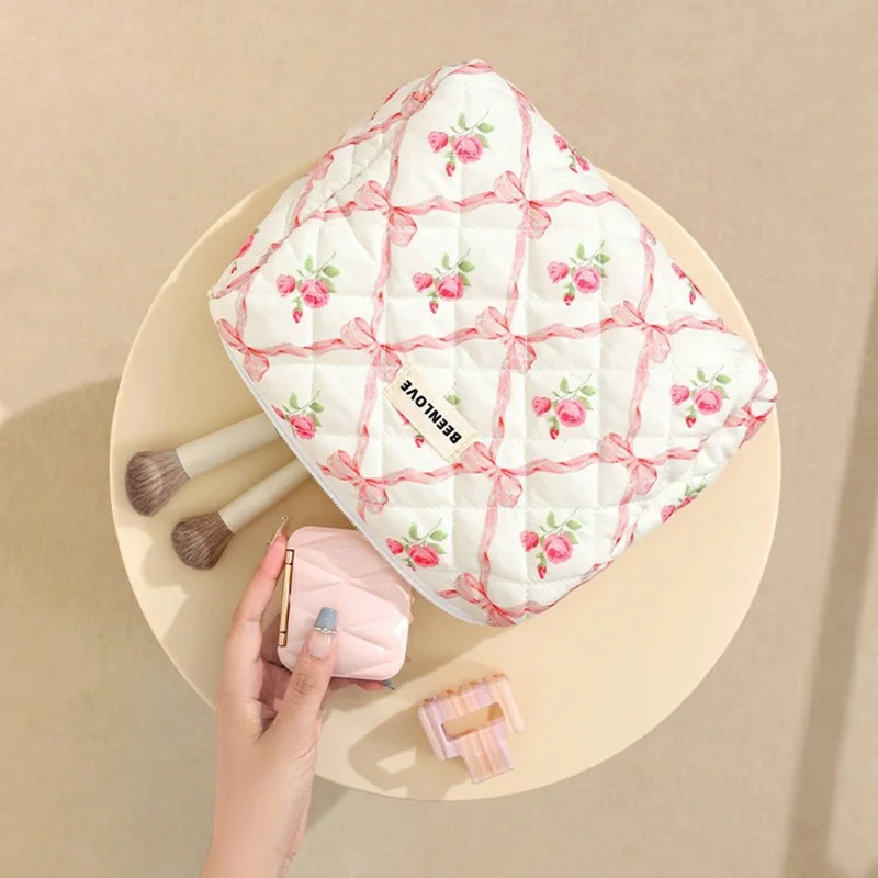 3Pcs Quilted Cosmetic Bag Set Makeup Organizer Travel Toiletry Pouch Set - Pink  /  Bow Flower