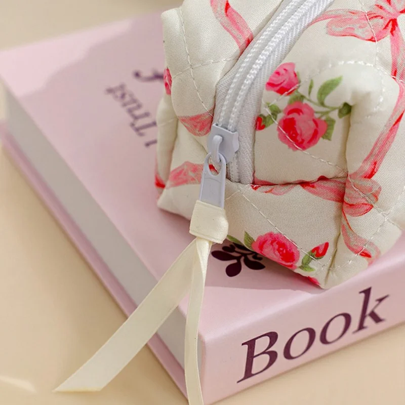 3Pcs Quilted Cosmetic Bag Set Makeup Organizer Travel Toiletry Pouch Set - Pink  /  Bow Flower