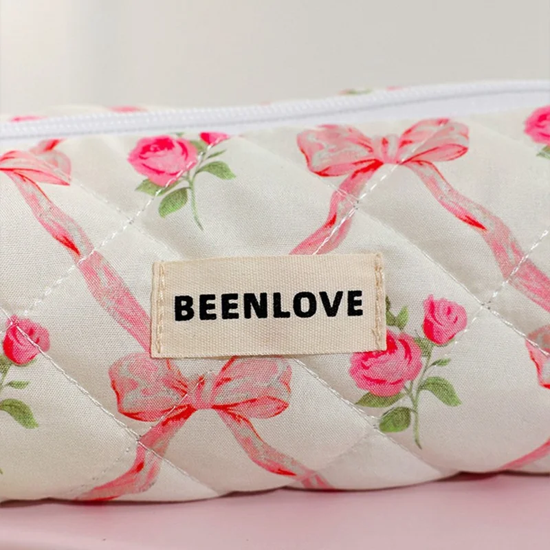 3Pcs Quilted Cosmetic Bag Set Makeup Organizer Travel Toiletry Pouch Set - Pink  /  Bow Flower